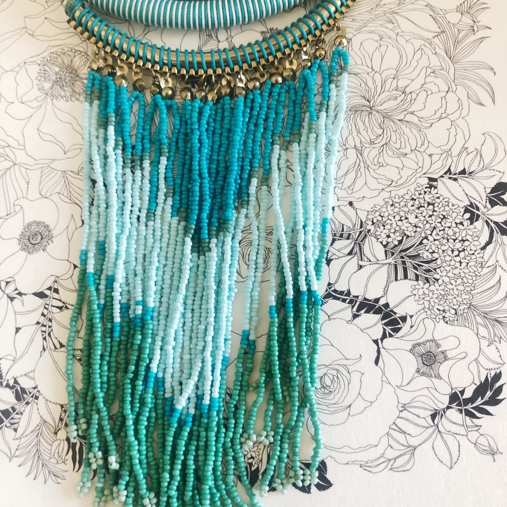 Turquoise Color Seed Bead Statement Necklace - image 3